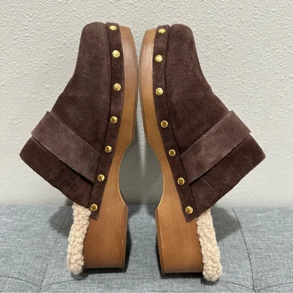 Vince Camuto Canzenee Chocolate Suede Mules with Gold Buckle - Picture 9 of 10